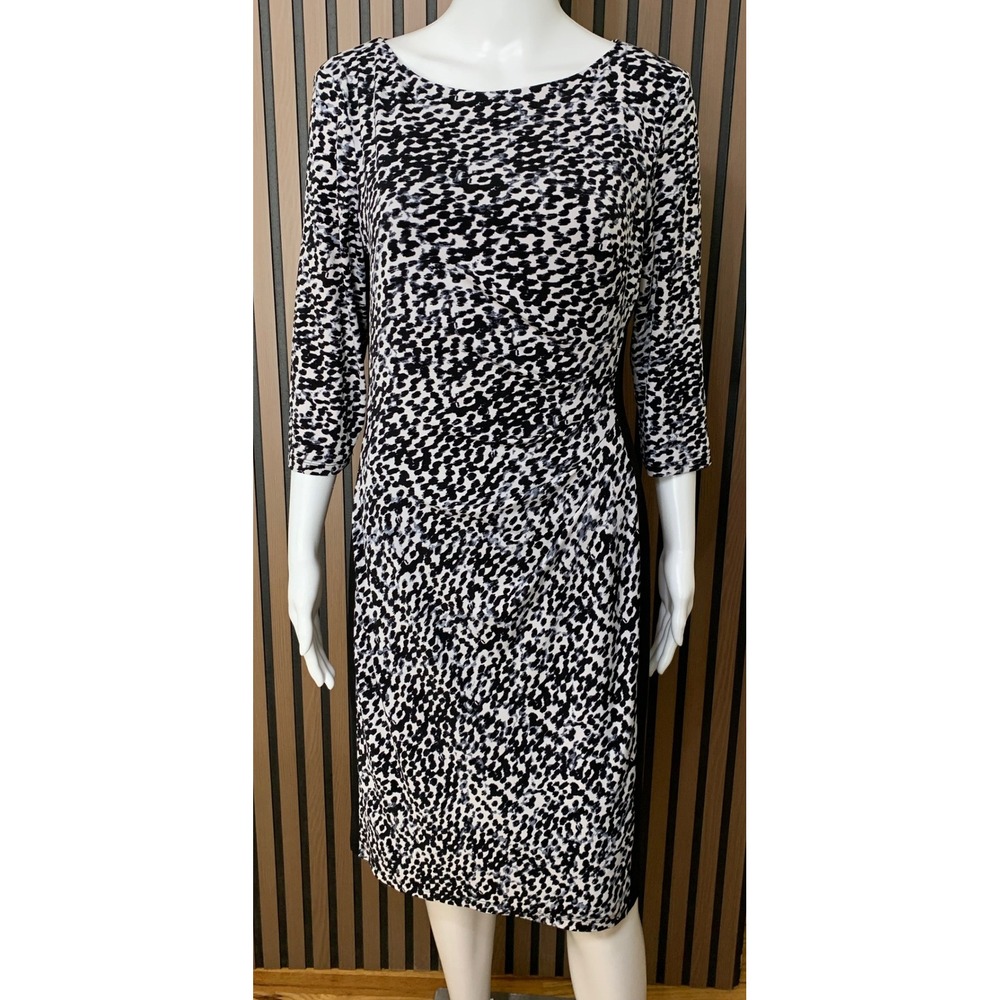 Lauren Ralph Lauren Black White Animal Print Sheath Dress 3/4 Sleeve Size 12